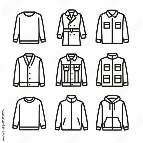 Iconic Layered Fashion Outlines. Outline icon set of refined layering essentials: lightweight sweater, trench coat, overshirt,