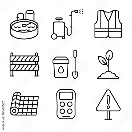 Environmental Safety Icons. Outline icon set of Environmental safety and reclamation: water treatment facility, dust suppression