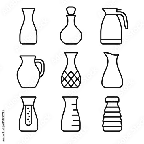 Carafe Outline Icons. Outline icon set of water carafe designs: classic glass carafe, decanter with stopper, insulated stainless