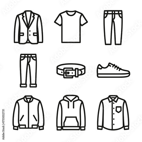 Casual Chic Icons. Outline icon set of casual chic outfit pieces: blazer, crewneck t-shirt, slim chinos, rolled-up jeans, leather