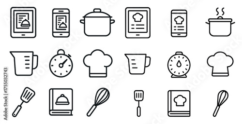 Cooking and kitchen outline icons set – linear, chef, culinary symbols collection