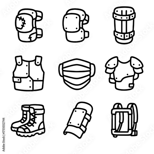 Improvised Protective Gear Icons. Outline icon set of improvised protective gear: patched knee pads, reinforced elbow guards,
