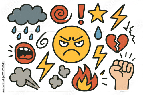 Emotional Storm Doodles. Annoyance. Colorful Hand-drawn doodle Children illustration storm cloud, swirl, frown face, exclamation mark, star, crack, tear,