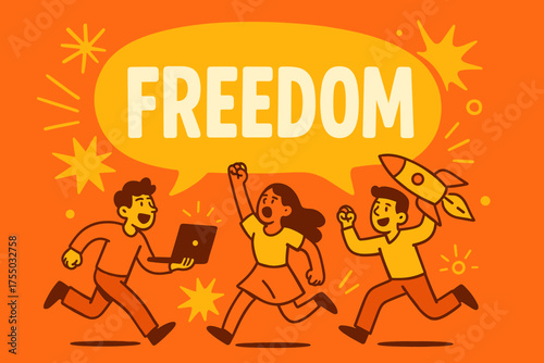 Dynamic Freedom Banner. Freedom banner, flat vector illustration, bold oversized text inside rounded blob, cartoon characters running and shouting interacting