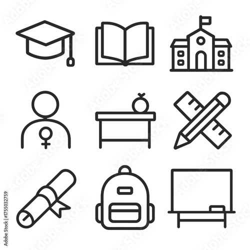 Educational Equality Icons. Outline icon set of educational gender equality: graduation cap, open book, school building, student