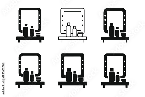 Cosmetic Logo Variations. Arranging cosmetics and skincare in a vanity. Set Logo of Arranging cosmetics and skincare in a vanity: LED vanity mirror. harmonious