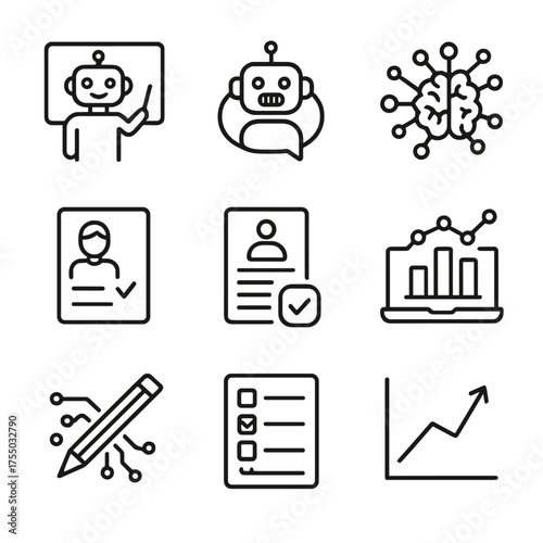 AI Tutoring Icons. Outline icon set of AI tutoring systems: robot teacher, chatbot, neural network, personalized lesson, feedback