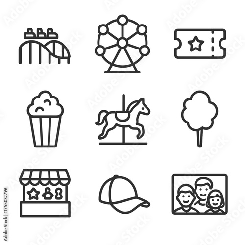 Family Theme Park Icons. Outline icon set of family theme park fun: roller coaster, Ferris wheel, admission ticket, popcorn bucket