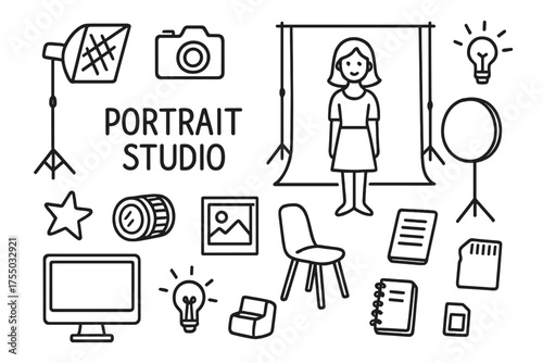 Portrait Studio Tools. Portrait studio. Hand-drawn doodle illustration portrait studio model figure, camera, tripod, softbox, backdrop, reflector, lens, photo