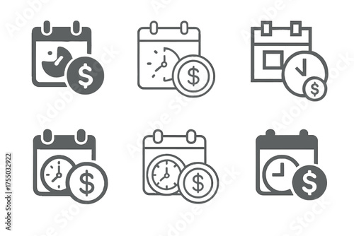 Minimum Wage Logos. Minimum wage laws. Set Logo of Minimum wage laws: Clock with coin and calendar. harmonious logo variations of the same emblematic concept,