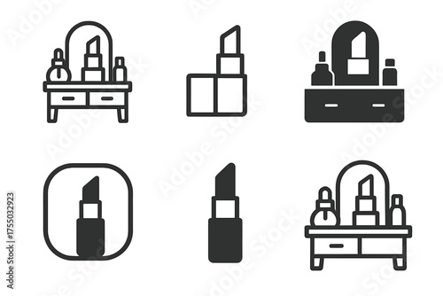Vanity Logo Variations. Arranging cosmetics and skincare in a vanity. Set Logo of Arranging cosmetics and skincare in a vanity: lipstick tube. harmonious logo