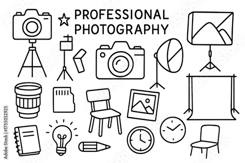 Photography Gear Doodles. Professional photography. Hand-drawn doodle illustration professional photography camera, tripod, lens, star, computer, softbox,