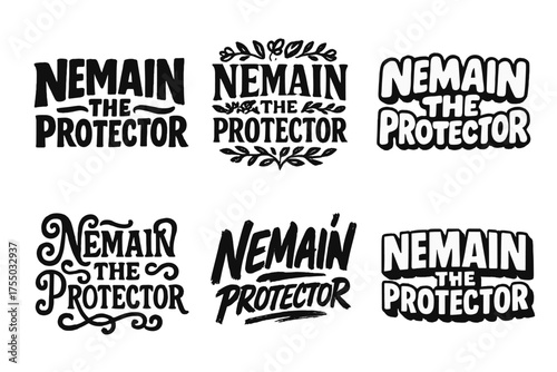 Creative Lettering Grid. Nemain the Protector. Set lettering. harmonious lettering variations of the same emblematic concept (Bold hand-lettering with playful