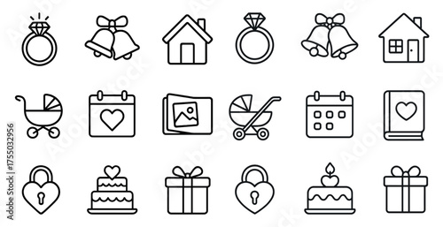 Wedding and celebration icons set – outline, linear, love and marriage symbols