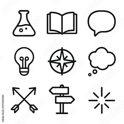 Chance Encounters Icons. Outline icon set of chance encounters and moments: lab flask, open book, speech bubble, lightbulb,