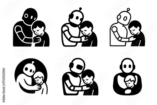 Robotic Comfort Logos. Robotic empathy and emotional response. Set Logo of Robotic empathy and emotional response: robot comforting a child. harmonious logo