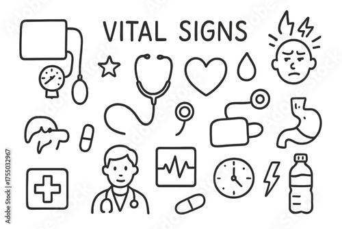 Vital Signs Doodle. Vital signs. Hand-drawn doodle illustration vital signs sphygmomanometer, stethoscope, heart, blood droplet, star, artery, clock, chart,