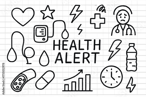 Health Alert Doodle. Health alert. Hand-drawn doodle illustration health alert heart, star, cross, sphygmomanometer, stethoscope, blood droplet, artery, pill,