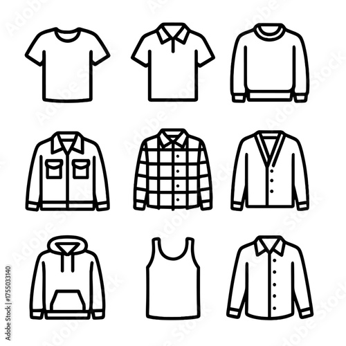 Casual Tops Icons. Outline icon set of casual tops and shirts: t-shirt, polo shirt, sweatshirt, denim jacket, flannel shirt,