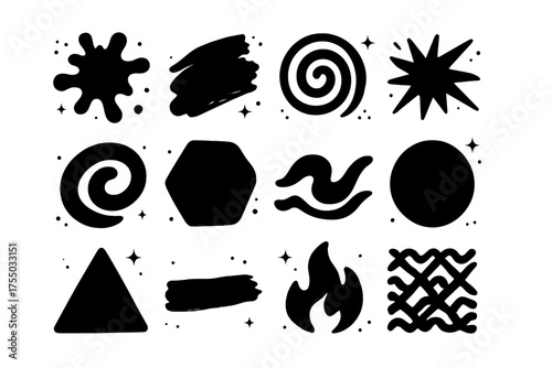 Abstract Icons Grid. Abstract expressionism. Solid icons set of Abstract expressionism: splash, brush stroke, spiral, starburst, swirl, polygon, wave, circle,