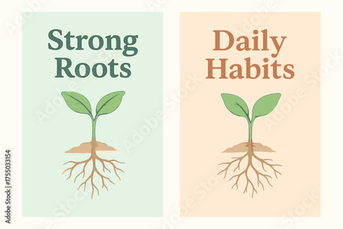 Strong Roots, Daily Habits. Growth. Two vertical A6 banners with safe margins, centered composition, no elements touching edges, pastel style, mint and peach,