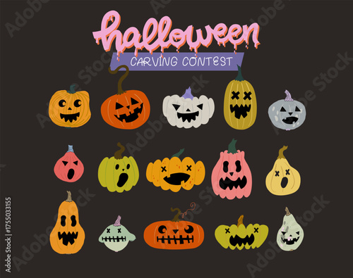 Set of hand drawn illustrations of halloween pumpkins with scary faces. Collection of different types of carved pumpkins and jack-o'-lanterns. Clip art for holiday carving contest.