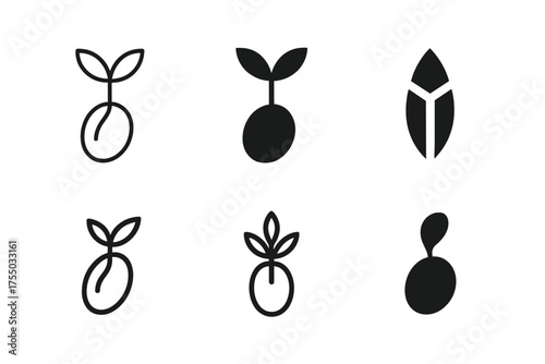 Sprouting Seed Logos. Transformational growth. Set Logo of Transformational growth: sprouting seed. harmonious logo variations of the same emblematic concept,
