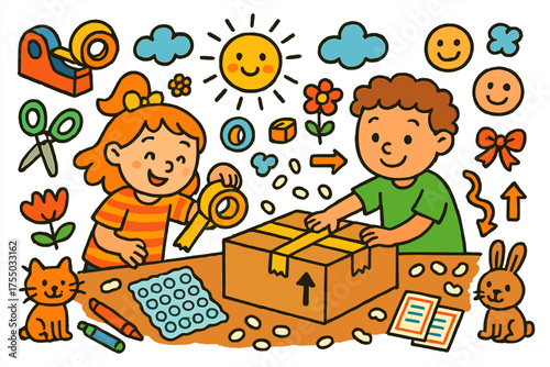 Packing Adventure for Kids. Packing Fun. Colorful Hand-drawn doodle Children illustration children taping box, tape dispenser, scissors, labels, markers,