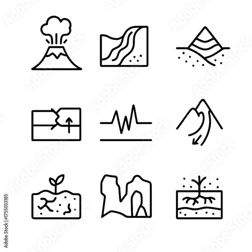 Geological Processes Icons. Outline icon set of geological processes: volcanic eruption, erosion flow, sediment deposition,