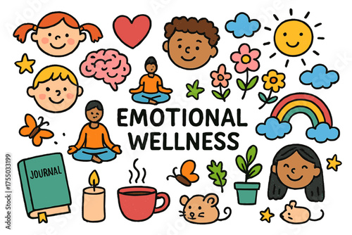 Colorful Wellness Doodles. Emotional Wellness. Colorful Hand-drawn doodle Children illustration smiling faces, heart, brain, meditation, yoga pose, sun,