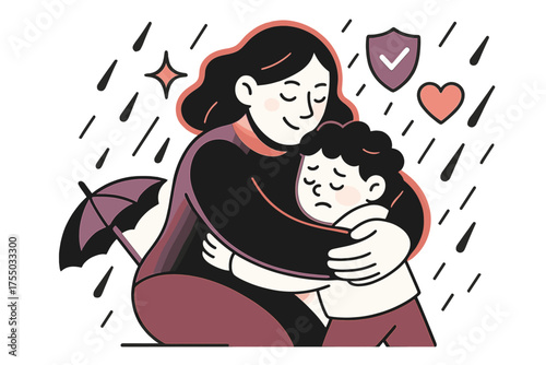Mother's Protective Embrace. Protective embrace. Glowing mother wrapping arms firmly around child in rain with umbrella nearby. Floating icons of sparkle,