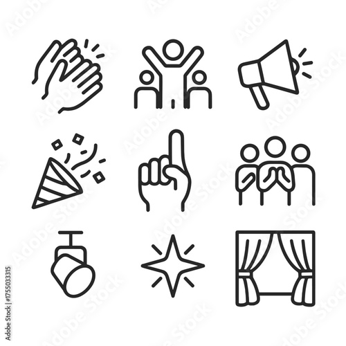 Cheering Icon Set. Outline icon set of cheering and applause: clapping hands, cheering crowd silhouette, megaphone, confetti burst