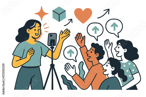 Dynamic Influencer Engagement. Influencer marketing. Glowing influencer recording content with audience engagement bubbles floating upward. Floating icons of