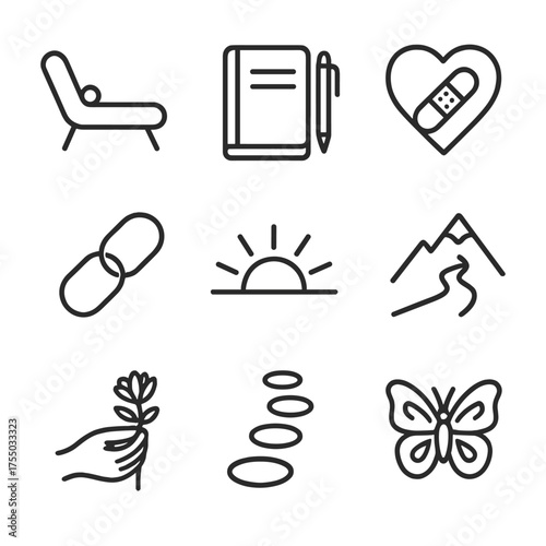 Healing Journey Icons. Outline icon set of healing journey: therapy couch, journal and pen, heart bandage, broken chain link,