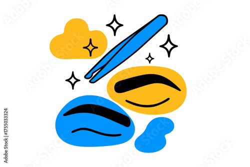 Floating Tweezers Artistry. Eyebrow grooming tools. A glowing pair of tweezers floating above abstract brow shapes, sparkles around showing precision and care.