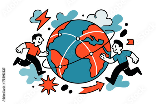 Global Energy Connections. Global Grid. A glowing Earth with electric lines connecting continents, abstract spark and arrow icons symbolizing worldwide energy