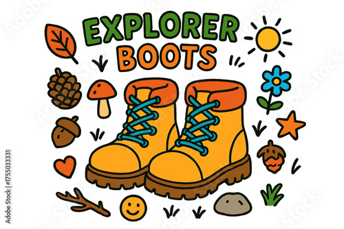 Kids' Nature Boots Doodle. Explorer Boots. Colorful Hand-drawn doodle Children illustration boots, laces, forest floor, leaf, pinecone, mushroom, acorn,