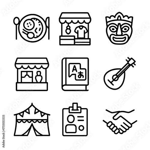 Cultural Icons Set. Outline icon set of cultural experiences: local cuisine plate, street market stall, traditional dance mask,