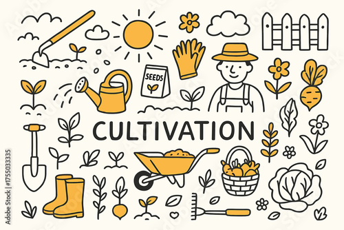 Garden Tools Illustration. Cultivation. Hand-drawn doodle illustration Hoe, soil, seeds, plants, farmer, garden bed, watering can, gloves, sun, clouds,