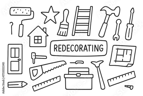 Home Renovation Doodles. Redecorating. Hand-drawn doodle illustration redecorating paint roller, brush, ladder, star, hammer, screwdriver, saw, blueprint,