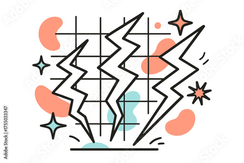 Electric Currents Art. Voltage Arcs. A glowing set of lightning-like currents moving across grid lines, abstract spark and star icons symbolizing intensity.