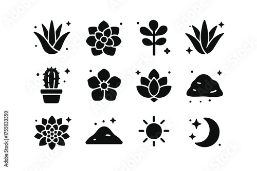 Succulent Icons Collection. Succulents. Solid icons set of Succulents: aloe plant, echeveria, jade plant, agave, cactus in pot, desert rose, leaf rosette,