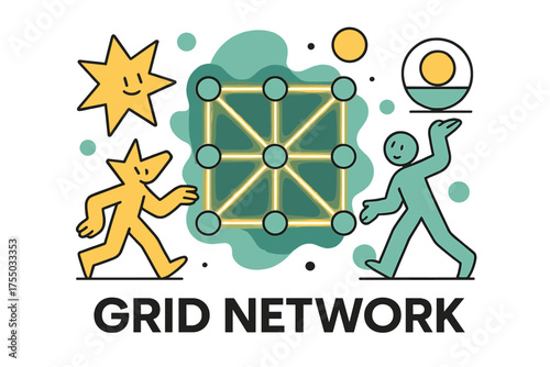 Electric Grid Design. Grid Network. A glowing diagram of interconnected nodes representing an electric grid, abstract spark and circle icons symbolizing