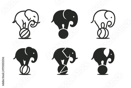 Elephant Logo Variations. Elephant Performance. Set Logo of Elephant Performance: elephant balancing on ball. harmonious logo variations of the same emblematic