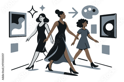 Artistic Runway Fusion. Fusion of art & design. Glowing scene blending runway and gallery: models walking among paintings. Floating icons of sparkle, arrow,