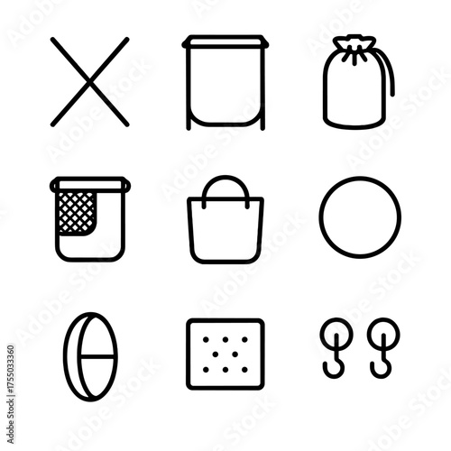 Collapsible Laundry Icons. Outline icon set of collapsible laundry hampers: collapsible frame, fabric body, drawstring closure,