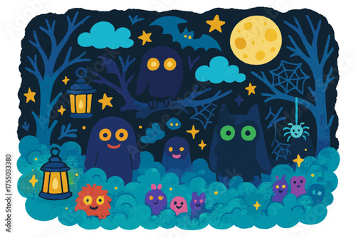 Nighttime Forest Watchers. Night Watchers. Colorful Hand-drawn doodle Children illustration shadowed eyes, glowing pupils, mist, trees, branches, bats, fog,