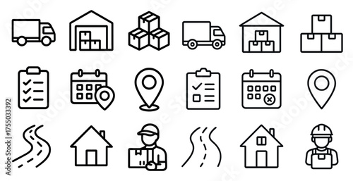 Logistics and shipping icons set – outline, linear, transport and delivery symbols