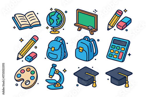 Colorful Educational Icons. Educational Tools. Colorful isometric vector icons set of educational tools: open book, globe, chalkboard, ruler, pencil, eraser,