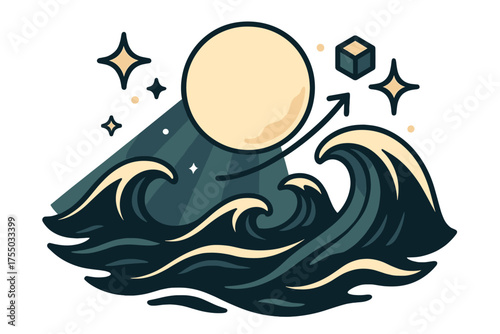 Moonlit Ocean Harmony. Photography composition. Glowing photographer adjusting frame lines as floating icons of rule of thirds appear. Floating icons of